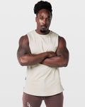 Off white mens sleeveless tank top with a reflective Dominate Adversity logo at center chest.