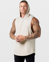 Left Side view of off-white Limitless Sleeveless Hoodie featuring split hem and ergonomic sleeveless cut.
