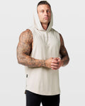 Right Side view of off-white Limitless Sleeveless Hoodie featuring split hem and ergonomic sleeveless cut.