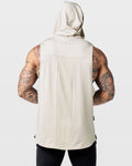 Back view of Limitless Sleeveless Hoodie in off-white showing mesh panel for airflow and scalloped hem.