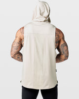 Back view of Limitless Sleeveless Hoodie in off-white showing mesh panel for airflow and scalloped hem.