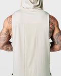 Close-up of breathable mesh back panel on Limitless Sleeveless Hoodie in off-white for cooling ventilation.