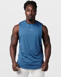 Dark blue mens sleeveless tank top with a reflective Dominate Adversity logo at center chest.