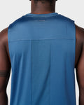 Close-up of ventilated back mesh on Limitless Cut Sleeve tank in dark blue, enhancing airflow during training.