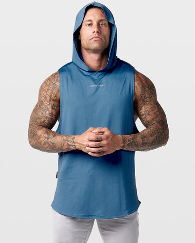 Mens hooded tank top in dark blue with a reflective Dominate Adversity logo at center chest.