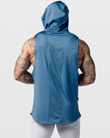 Back view of Limitless Sleeveless Hoodie in dark blue showing mesh panel for airflow and scalloped hem.