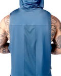 Close-up of breathable mesh back panel on Limitless Sleeveless Hoodie in dark blue for cooling ventilation.