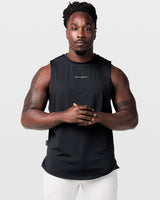 Mens sleeveless tank top in black with a reflective Dominate Adversity logo at center chest.