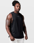 Limitless Men’s Cut Sleeve in black, right side profile with split hem and wide shoulders for comfort and movement.