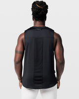Limitless performance tank for men in black, back view showing stretch mesh panel and movement-focused design.