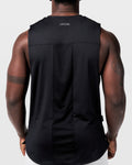 Detailed mesh panel view on back of grey sleeveless gym tank for breathability and sweat control.