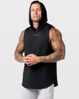 Limitless Men’s black hooded gym tank shown from the left side with lightweight fabric and extended mobility.