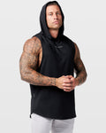 Limitless Men’s black hooded gym tank shown from the right side with lightweight fabric and extended mobility.