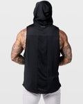 Limitless black sleeveless hoodie, back view showing tech mesh insert and loose athletic fit.
