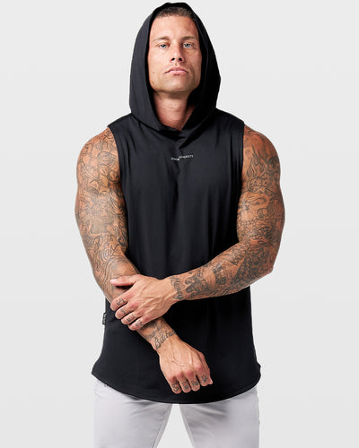 Athletic front shot of Limitless black hooded tank, showcasing minimal branding and flexible design.