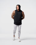 Front view of Limitless Men’s Sleeveless Hoodie in black with hood, split hem, and reflective chest logo.