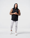 Front shot of Limitless black hooded tank, showcasing minimal branding and flexible design.