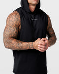 Detailed view of central chest branding on black Limitless hooded tank top.