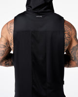 Detailed rear mesh insert on solid black hooded gym tank for sweat-wicking airflow.