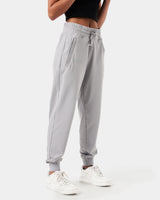 Side view of Women’s lightweight joggers in light grey, showcasing moisture-wicking fabric, thick waistband, and ergonomic fit for comfort.