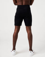 Back view of Men’s black performance shorts, highlighting lightweight breathable fabric and adjustable drawstring waistband.