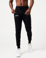 Lightweight black men’s joggers with sweat-wicking fabric, a relaxed fit, and performance-enhancing features.