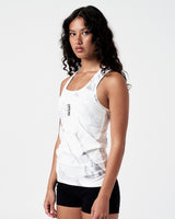 Women's white marble workout tank shown from the left side with smooth seams.