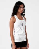 Women's white marble workout tank shown from the right side with smooth seams.