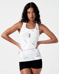 Women's white marble gym tank with a black LYFTLYFE logo and racerback cut.
