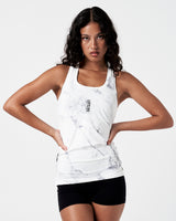 Women's white marble gym tank with a black LYFTLYFE logo and racerback cut.