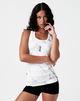 Front shot of white marble LYFTLYFE women’s tank, gym-ready performance top.