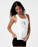 High-performance marble Y tank in white marble print with scoop neckline and logo detail.