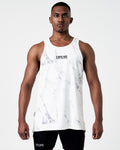 Men's white marble gym tank with a black LYFTLYFE logo on the chest. 