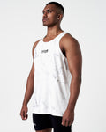 Left side view of Men's fitness tank in white marble. 