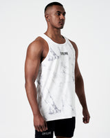 Right side view of Men's fitness tank in white marble. 
