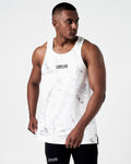 High-performance white marble tank top with stretch fit, full front view.
