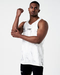 Men's slleeveless athletic tank top in white marble print, front angle.