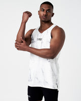 Men's slleeveless athletic tank top in white marble print, front angle.