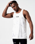 Lightweight white tank for men with a black Lyftlyfe logo, frontal pose.