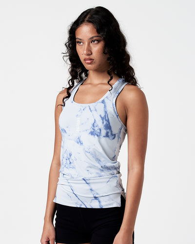 Women's marble gym tank in blue marble print with LYFTLYFE logo and racerback cut.