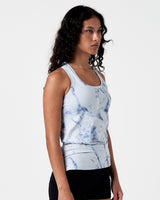 LYFTLYFE women's blue marble gym tank right side view highlighting sleek fit and stretch.