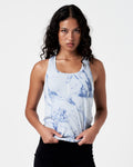 Women's marble gym tank in blue marble print with LYFTLYFE logo and racerback cut.