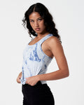 Slim side profile of LYFTLYFE women's blue marble athletic tank with shape-retention.