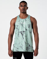 Front view of men's sleeveless athletic tank top in green marble print.