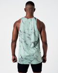 Lightweight gym tank rear view, breathable stretch fabric with green marble print. 