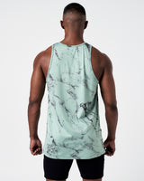 Lightweight gym tank rear view, breathable stretch fabric with green marble print. 