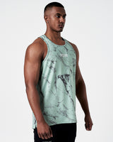 Right side profile of green marble pattern tank top with cooling fabric.