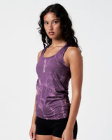 Left side view of LYFTLYFE marble tank with racerback cut in dark purple.