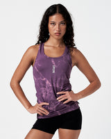 High-performance marble Y tank in dark purple marble with scoop neckline and logo detail.