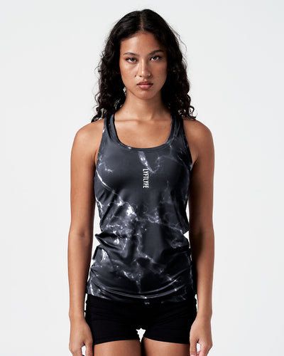 Women's black marble gym tank in mauve with a white LYFTLYFE logo and racerback cut.